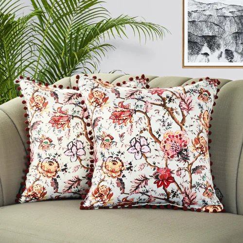 Vista 2 de Royal Blaze Juego de 2 fundas de almohada de satén suave de 18 x 18 pulgadas con pompones florales de color burdeos Grace Floral Borgoña