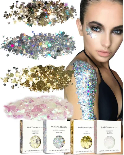 Vista 17 de KARIZMA 24K Gold Purpurina holográfica dorada Purpurina gruesa de 0.35 onzas para la cara, el cabello, los ojos y el cuerpo, para mujer. Purpurina