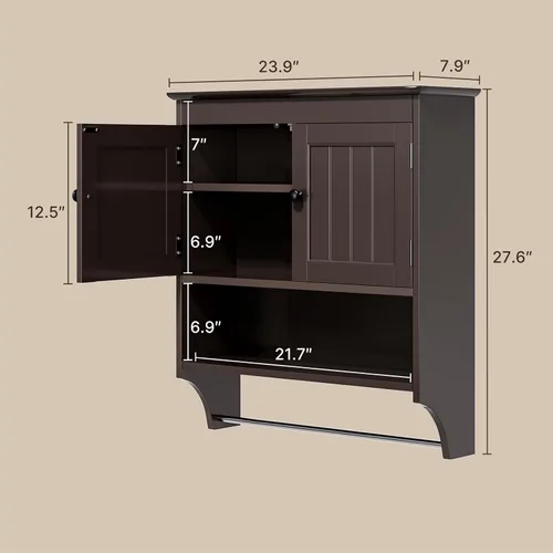 Vista 2 de Bealife - Gabinete de baño montado en la pared con barra para toallas y estantes ajustables, gabinete de almacenamiento sobre el inodoro, gabinete