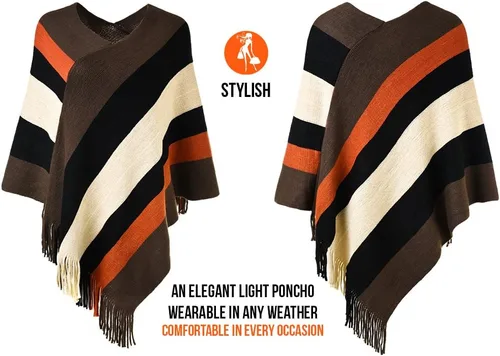 Vista 3 de Suéter tipo poncho a rayas para mujer, estilo casual, chal con flecos versátiles