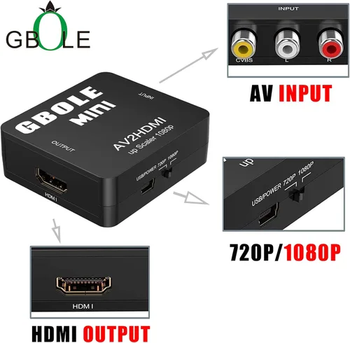 Vista 8 de RCA a HDMI AV a HDMI Convertidor 1080P Mini RCA compuesto CVBS Video Audio Converter Adapter Supporting PAL NTSC with USB Charge Cable for PC