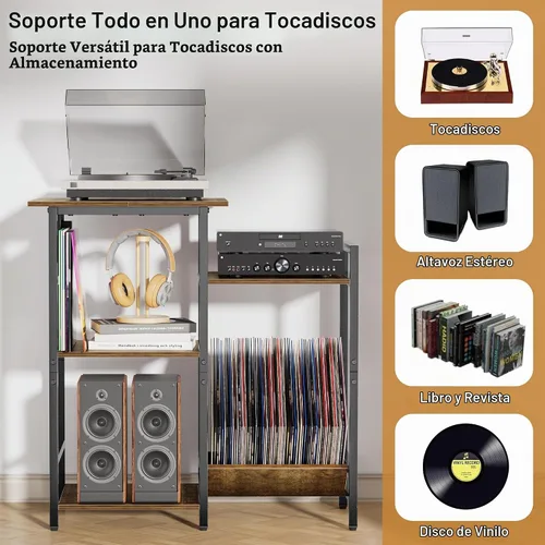 Vista 2 de HYPIGO Soporte para tocadiscos con tomas de corriente, soporte para tocadiscos con almacenamiento de discos de vinilo con capacidad para más de 300