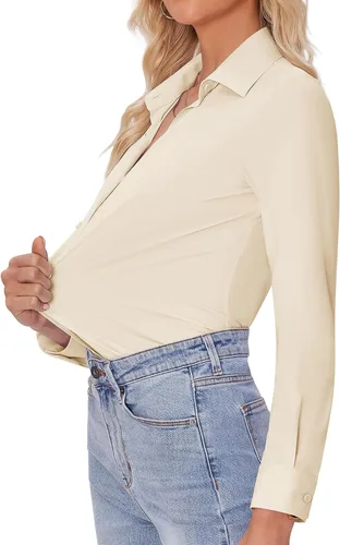 Vista 2 de siliteelon Camisas de vestir con botones para mujer, blusas de manga larga, elásticas, ajustadas, sin arrugas, cuello para el trabajo