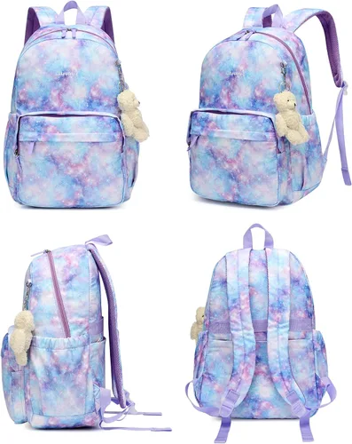 Vista 7 de Mochila ligera impermeable de ocio con patrón de cielo de estrella, bolsa escolar con diseño de flor de anacardo, azul, (Blue Starry Sky)