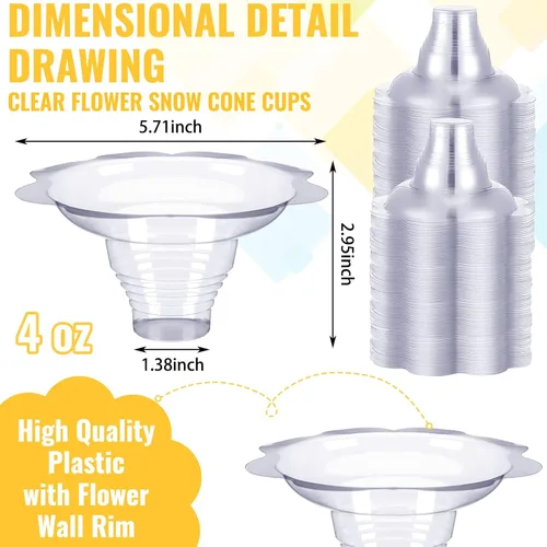 Vista 2 de Rtteri - Juego de 50 tazas de cono de nieve de 4 onzas con pajitas desechables de plástico en forma de flor, tazas de helado de plástico