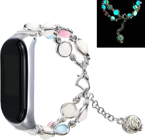 Vista 11 de Mi Band 4 Correa de reloj, hecha a mano luminosa perla de repuesto para mujer correa de metal ajustable para reloj inteligente con cuentas elásticas
