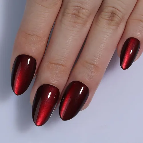 Vista 16 de Uñas postizas rojas de tamaño mediano en forma de almendra, uñas acrílicas brillantes con diseño de purpurina, uñas artificiales de cobertura a001