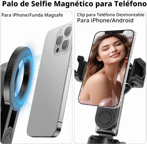 Vista 2 de WOVTE Palo selfie magnético 4 en 1, trípode MagSafe de bolsillo portátil para iPhone con control remoto desmontable, rotación de 360° para iPhone