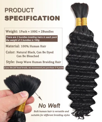 Vista 2 de Cabello humano a granel para trenzar, paquetes de cabello humano rizado 12A para mujeres negras, 16 pulgadas, onda profunda, sin trama, trenzas