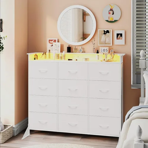 Vista 10 de Cómoda negra con luz LED, 12 cajones con estación de carga, cómoda para dormitorio con 12 cajones de tela para dormitorio, pasillo, entrada