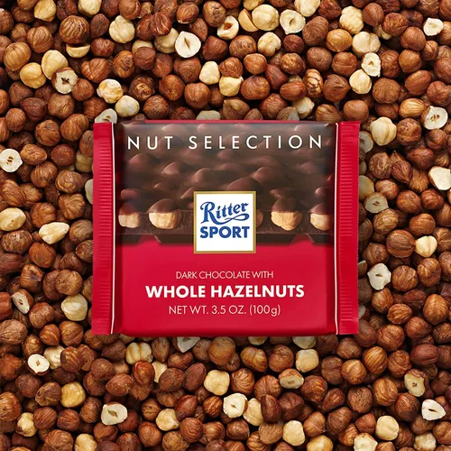 Vista 4 de Ritter Sport Nut Class Dark con barra de caramelo de avellanas enteras de chocolate de 3.5 onzas cada paquete de 10 barras de tamaño completo). El