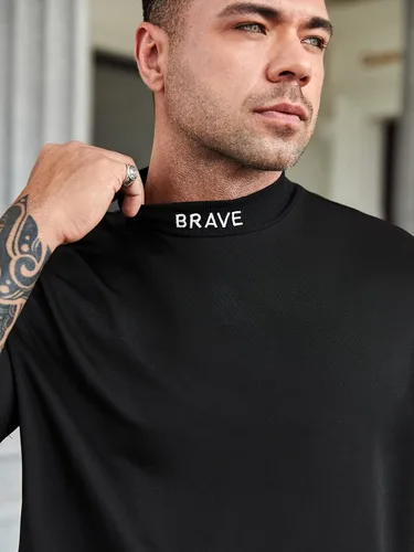 Vista 6 de RLOKK Camisas para hombres y hombres, con bordado de letras y cuello alto falso (color negro, talla 5XL)