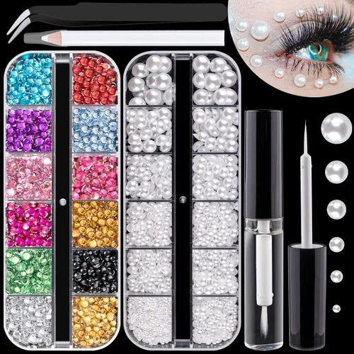 Vista 17 de Kit de diamantes de imitación y perlas con parte trasera plana, cristal redondo AB y gemas blancas transparentes+perlas blancas y beige