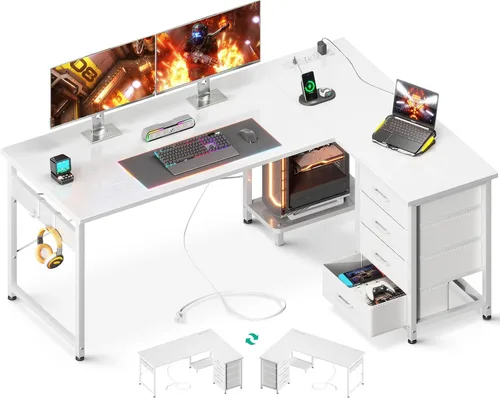 Vista 13 de AODK Escritorio para juegos en forma de L con 4 cajones, escritorios reversibles de oficina en casa de 53 pulgadas con tomas de corriente