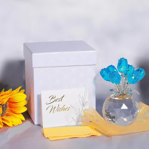 Vista 2 de Figura de cristal de rosa azul lago con jarrón, ramo de flores, adorno de regalo para esposa, novia, mujer, flor de cristal hecha a mano, decoración