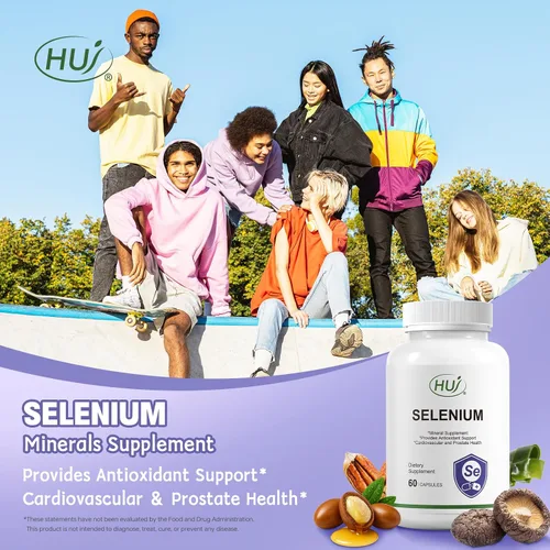 Vista 2 de HUJ Suplemento de selenio, 60 cápsulas, soporte antioxidante, suplemento mineral