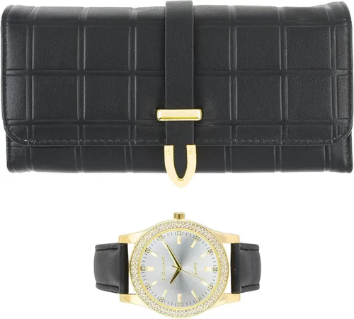 Vista 10 de Reloj de pulsera de cuero dorado para mujer y cartera de tres pliegues a juego 2-PACK ROJO - NEGRO