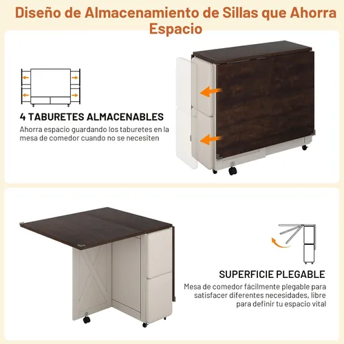 Vista 5 de Juego de mesa de comedor de granja de 5 piezas para 4, mesa plegable grande de 117 cm con 4 sillas de cuero, mesa de cocina plegable con ala