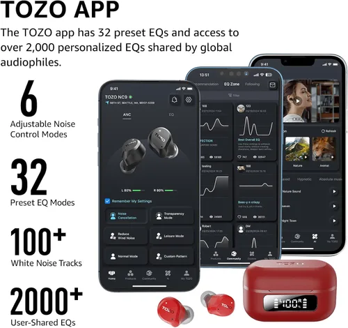 Vista 6 de TOZO NC9 Auriculares inalámbricos híbridos con cancelación activa de ruido, 6 micrófonos ENC Clear Call, IPX8 impermeable, auriculares intrauditivos