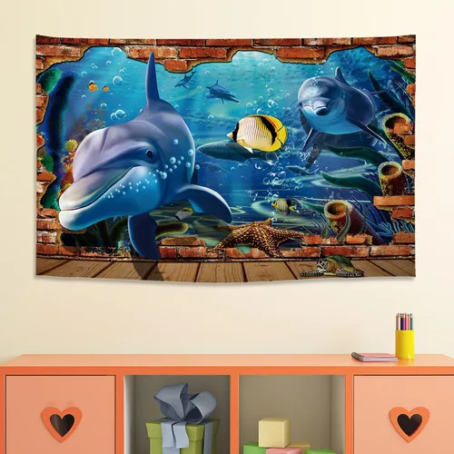 Vista 3 de ARTXZDZ Tapiz de delfín con efectos 3D, tapiz de animales del mundo submarino, decoración de pared para fondo de acuario bajo el mar, decoración