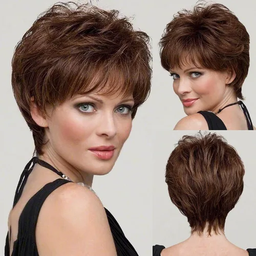 Vista 10 de HAIRCUBE Pelucas cortas de corte Pixie con textura de cabello humano para mujeres con flequillo pelucas sintéticas de repuesto - #17/101
