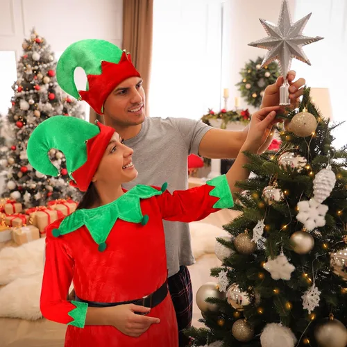 Vista 7 de Girls Women Christmas Elf Costume Set Santa's Helper Costume Xmas Festive Outfit with Elf Hat Shoes Belt Striped Stockings
