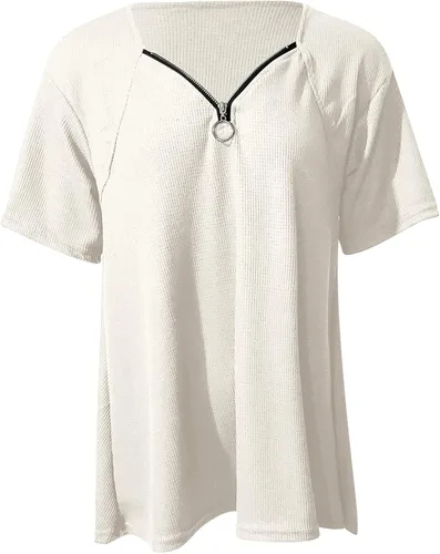 Vista 2 de Women Swim Tee Women Elegant Top Shirt V Neck Zipper Off Shoulder Short Sleeves Printed T Shirt Fashion Casual
