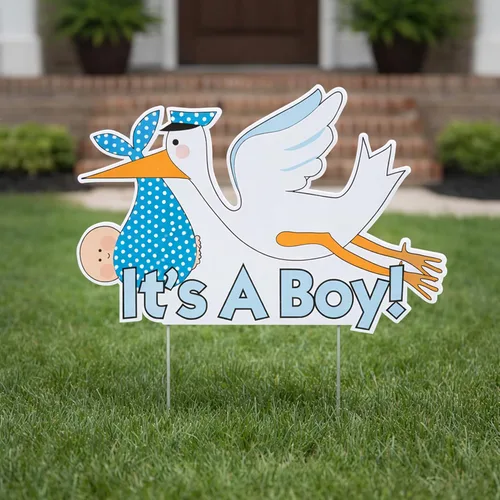 Vista 10 de VictoryStore Cartel de "It's a Boy Stork Yard" (bebé tonificado piel oscura)