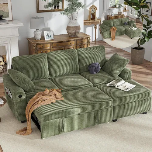Vista 22 de Hanherry - Sofá seccional con sofá cama extraíble, sofá cama de chenilla con 2 asientos de almacenamiento y carga USB, cómodos sofás modulares