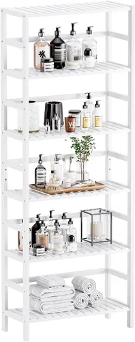 Vista 11 de HITNET Estantería de bambú, estantería abierta de 6 niveles con estantes ajustables, estante de almacenamiento de pie para sala de estar, baño, Negro