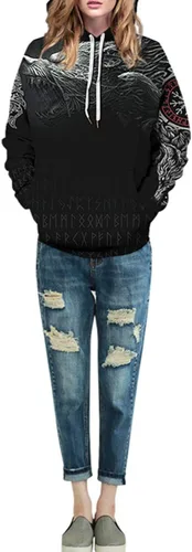 Vista 4 de ENLACHIC Sudadera con capucha con estampado digital 3D de tatuaje vikingo, para hombre
