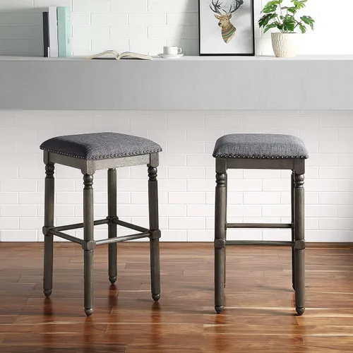 Vista 5 de Roundhill Furniture Arnhem Taburetes de bar tapizados de madera, juego de 2, color gris