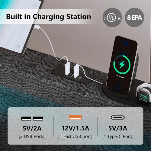 Vista 4 de CSZZD Base de cama Queen con cabecero ajustable y luces LED, base de cama de plataforma tapizada tamaño Queen con estación de carga tipo C y USB