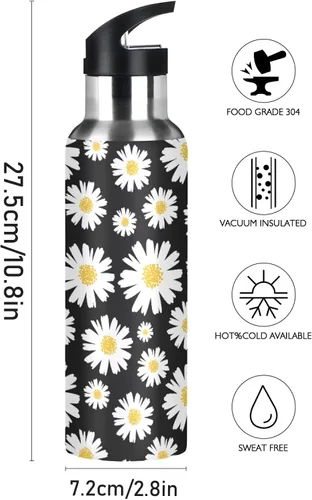 Vista 2 de Daisy - Botella de agua con tapa de popote de 22 onzas, botellas de agua de acero inoxidable aisladas al vacío, botella de agua a prueba de fugas A01