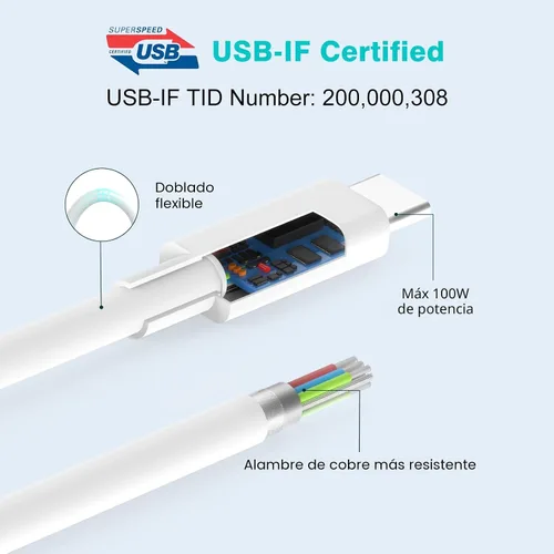 Vista 3 de Cable USB C a USB C de 3.3 pies/1m 100W para iPhone 16/15 Pro Max, cargador para MacBook Pro/Air, iPad Pro de 13/12.9/11 pulgadas, Air 5/4, Mini 6