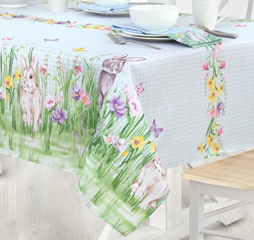 Vista 8 de Manteles Newbridge con diseño de Pascua, primavera, prado y conejos bordados, adorable tela de mantel con conejos y de color azul, con estampado a