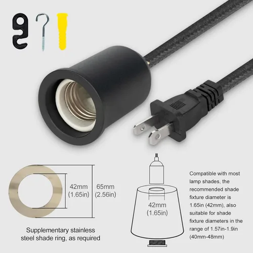 Vista 4 de Cable de luz colgante enchufable con interruptor, kit de lámpara colgante trenzada con zócalo de bombilla de cerámica, cable de repuesto