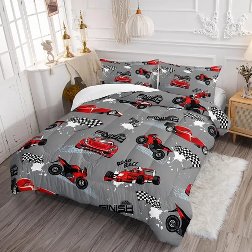 Vista 2 de Juego de edredón para niños Axolotl, tamaño individual, juego de ropa de cama con diseño de autos de carreras para niños, niñas, adolescentes