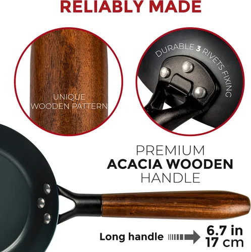 Vista 5 de YOSUKATA Sartén de acero al carbono de 7.9 pulgadas, sartén pre-sazonada no tóxica con mango de madera extraíble, sartén estilo wok sin