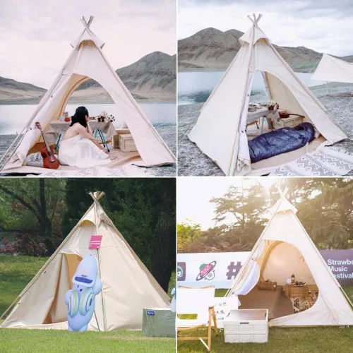 Vista 5 de Latourreg Tienda de campaña al aire libre para 2 personas de 6.6 ft de lona para acampar pirámide Tienda grande de pagoda de tipi para adultos