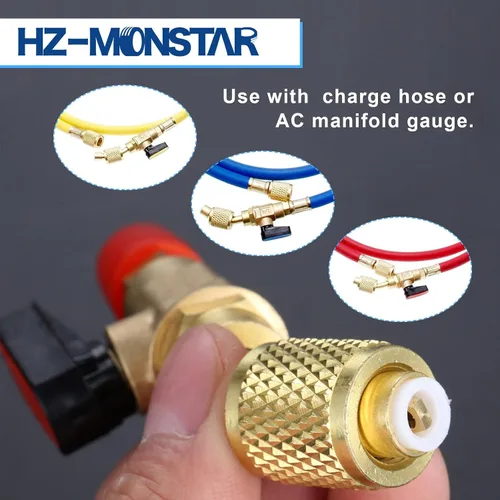 Vista 4 de Válvula de bola refrigerante de aire acondicionado 1/4 '' SAE, adaptador de válvula de bola de cierre en ángulo HVAC de latón para sistema mini