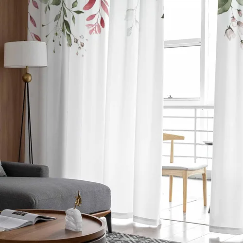 Vista 4 de Juego de 2 paneles de cortinas traslúcidas para el día de San Valentín, diseño de hojas de rosa sobre flores blancas con bolsillo para barra