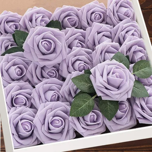 Vista 8 de Higfra Flores artificiales, 25 unidades, rosas falsas de espuma negra de aspecto real con tallos para ramos de boda, centros de mesa de despedida