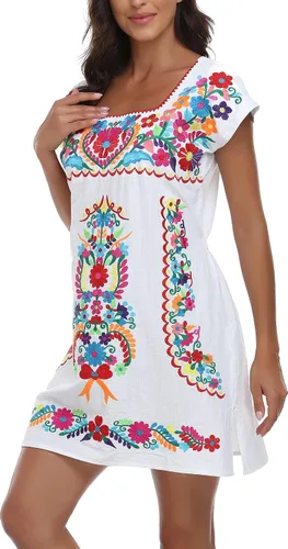 Vista 2 de YZXDORWJ Vestido bordado mexicano sin mangas con cuello de volantes para mujer