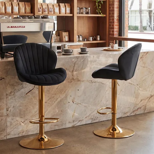 Vista 7 de Juego de 2 taburetes de bar negros y dorados de altura ajustable, taburetes de bar giratorios modernos con forma de concha, taburetes de cocina