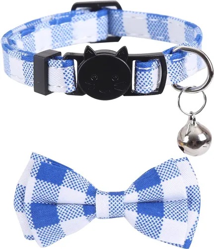 Vista 3 de Paquete de 2 collares de gato con pajarita y flor a cuadros de campana para gatito Azul