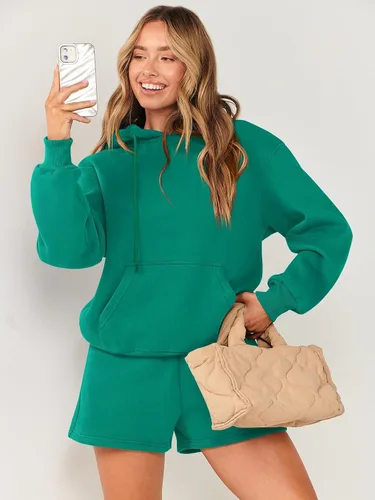Vista 9 de ANRABESS Conjunto de 2 piezas para mujer, sudadera corta con cordón y capucha de gran tamaño, conjunto a juego