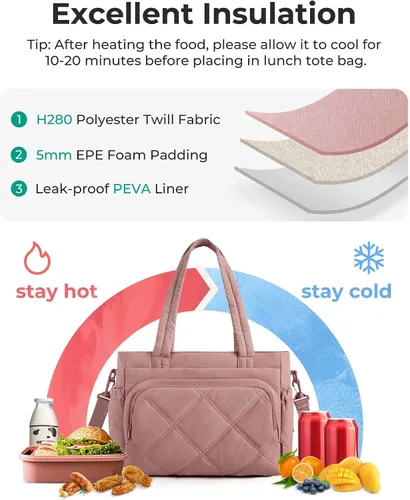 Vista 4 de BAGSMART Bolsa de Almuerzo para Mujer, Bolsa de Almuerzo Grande Aislada con Múltiples Bolsillos, Bolsa de Mano Acolchada y Hinchable