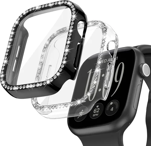 Vista 11 de Goton - Pack de 2 Fundas Bling para Apple Watch con Protector de Pantalla 40mm SE 3/2/1, Series 6/5/4, Funda con Purpurina para Mujer con Diamantes
