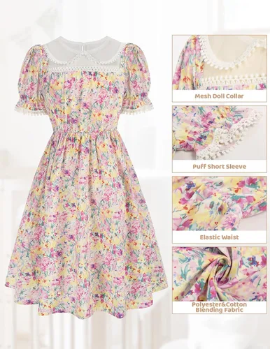Vista 4 de Vestido de manga abombada floral para niñas de 6 a 12 años